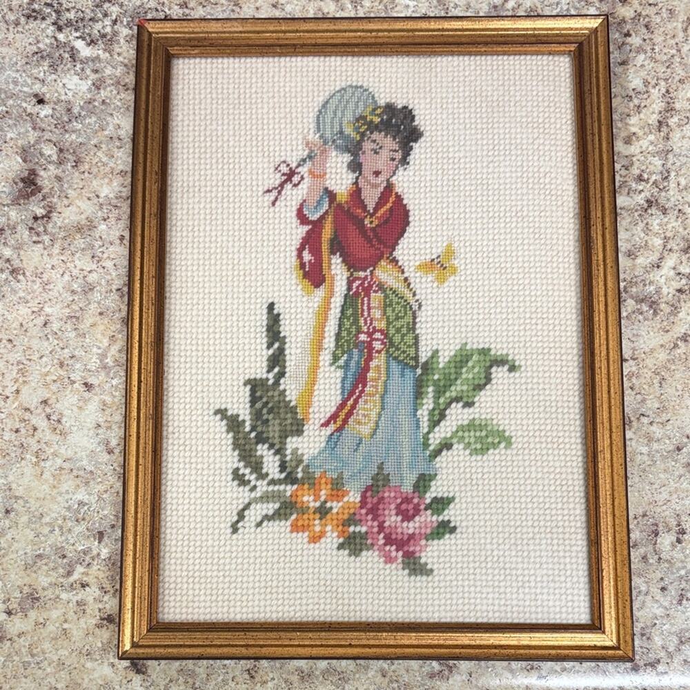 Vintage Gold Framed handmade Needlepoint Artwork of Japanese woman